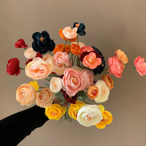 4-Head Artificial Rose Flower Satin Fabric Small Tea Rose Long Stem For Wedding Hotel Home Party Decoration Pastoral Faux Floral Decor