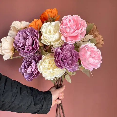 Vintage Autumn Style Artificial Peony Flowers Satin-like Fabric Multi-head Peony Stems For Wedding Party Home Photography Decor