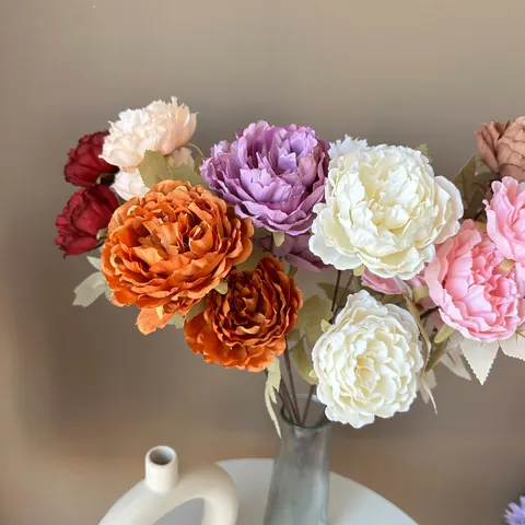 Vintage Autumn Style Artificial Peony Flowers Satin-like Fabric Multi-head Peony Stems For Wedding Party Home Photography Decor