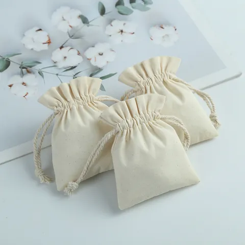 Beige Brushed Cotton Linen Drawstring Bag For Jewelry Packaging Small Gift Storage Pouch With Ruffle Edge For Wedding Party