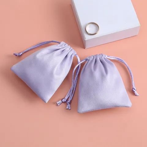 Elegante Bolsa de Joyería de Franela Púrpura Claro con Cordón Pequeña Bolsa de Terciopelo para Pintalabios para Empaque de Regalo