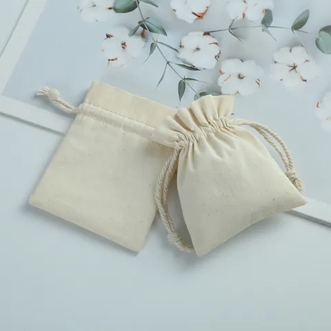 Beige Brushed Cotton Linen Drawstring Bag For Jewelry Packaging Small Gift Storage Pouch With Ruffle Edge For Wedding Party