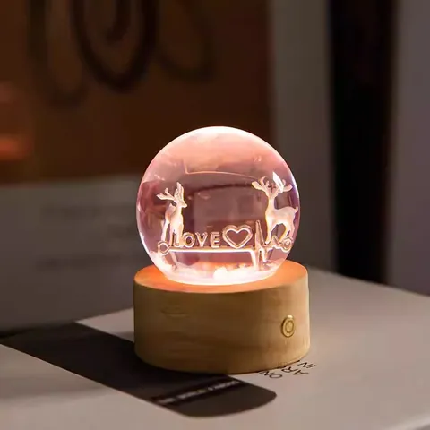 Creative Resin Crystal Ball Night Light With Solid Wood Base 3D Laser Engraved Elk Dragon Figurine Desk Ornament USB Powered Home Decor Gift