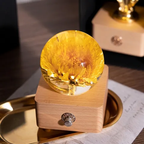 Veilleuse Boule de Cristal Tournesol Fleur Éternelle Base en Bois Capteur Tactile USB Rechargeable Lampe de Table Décorative en Verre Cadeau