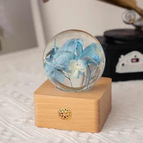 Veilleuse Boule de Cristal Fleur d'Hortensia Séchée Tactile Rechargeable Base en Bois Verre Lampe Cadeau de Noël Anniversaire