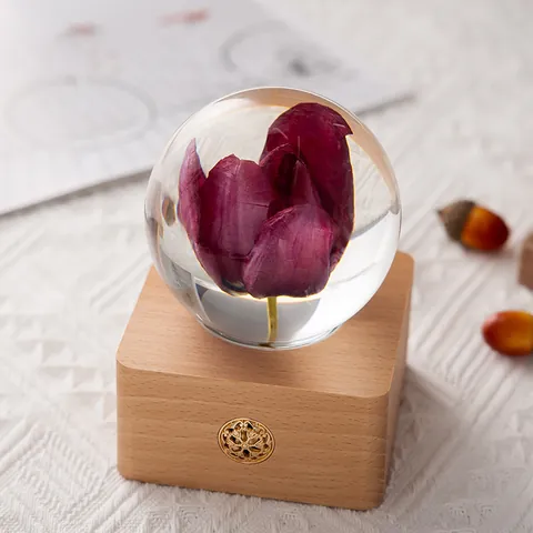 Creative Tulip Preserved Dried Flower Night Light Crystal Ball Glass Table Lamp Wood Base Charging Desk Light Gift For Women
