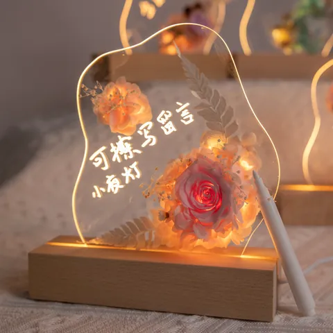 Veilleuse en Acrylique Fleurs Éternelles Rose Hortensia Avec Base LED en Bois Alimenté par USB Message Manuscrit DIY Lampe de Table Cadeau de Noël Anniversaire