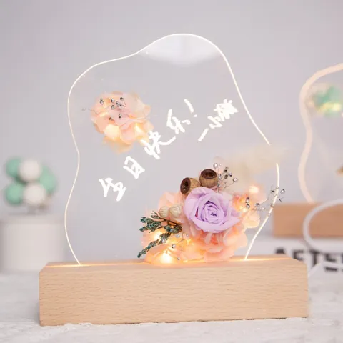 Creative Everlasting Flower Night Light DIY Acrylic Message Board With Solid Wood LED Base Romantic Desktop Ornament Birthday Christmas Gift