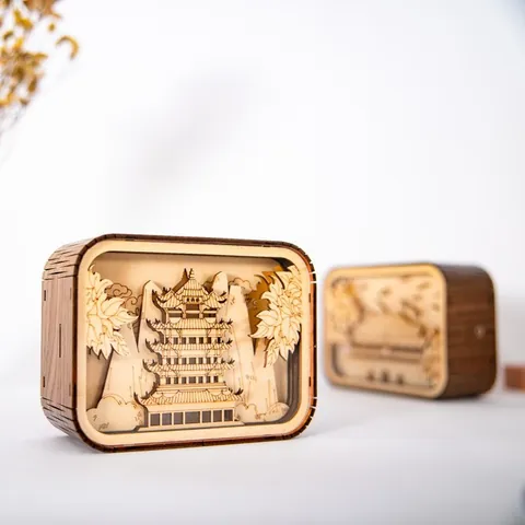3D Laser Cut Wooden Night Light Chinese Architecture Yellow Crane Tower Forbidden City Rechargeable Touch Control Bedside Lamp Souvenir Gift Decor