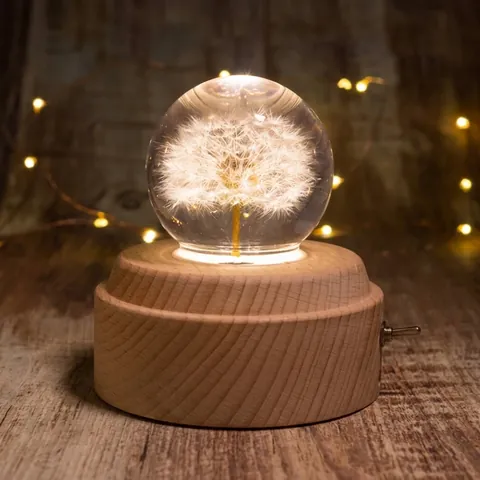 Carillon Palla di Cristallo Con Tarassaco Base in Legno Massiccio Luminosa a LED Sfera in Vetro di Cristallo Bianco Regalo di San Valentino