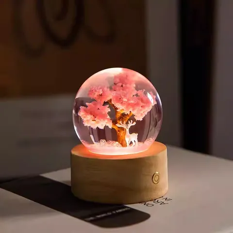 Creative Resin Crystal Ball Night Light With Solid Wood Base 3D Laser Engraved Elk Dragon Figurine Desk Ornament USB Powered Home Decor Gift
