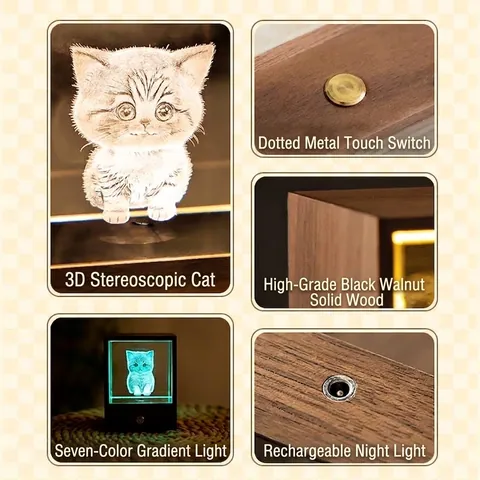 3D Laser Engraved Cat Crystal Night Light Walnut Wood Box LED Desk Lamp Warm Glow Touch Switch Decorative Desktop Gift