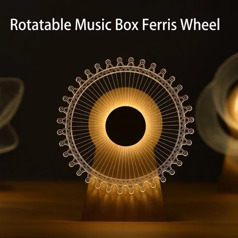 Caja de Música Giratoria Luz Nocturna Base de Madera Acrílico 3D Visual Noria Lámpara de Mesa Regalo Creativo Decoración del Hogar