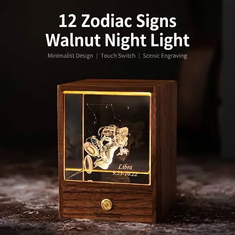 Black Walnut Wood Night Light With 3D Laser Engraved Zodiac K9 Crystal Cube Table Lamp Warm LED Touch Control Birthday Gift