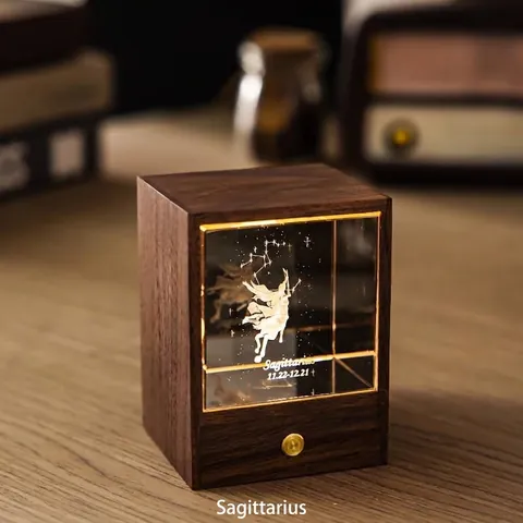 Black Walnut Wood Night Light With 3D Laser Engraved Zodiac K9 Crystal Cube Table Lamp Warm LED Touch Control Birthday Gift
