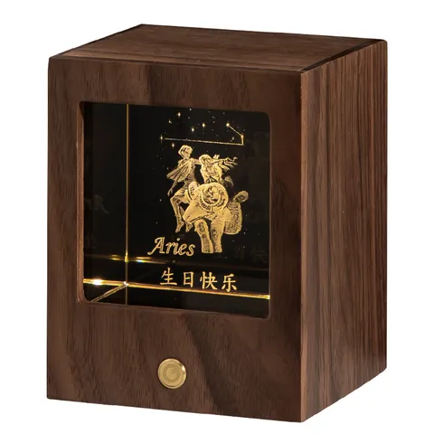 Zodiac 3D Laser Engraved Crystal Night Light In Walnut Wood Box Frame Luminous Constellation LED Table Ornament Gift For Birthday