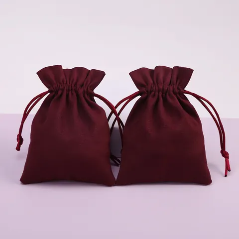Bolsa de Joyería de Terciopelo de Gamuza Borgoña Cordón Bolsa de Regalo para Collar Anillo Pendientes Pulsera Borde de Volante
