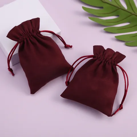 Bolsa de Joyería de Terciopelo de Gamuza Borgoña Cordón Bolsa de Regalo para Collar Anillo Pendientes Pulsera Borde de Volante