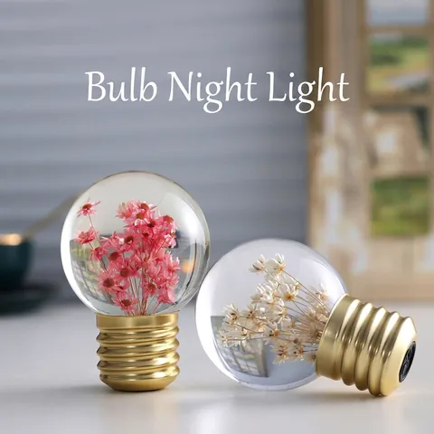 Creative Bulb Shape Resin Crystal Ball Night Light With Real Dried Flowers Dandelion USB Rechargeable Desktop Ornament Gift