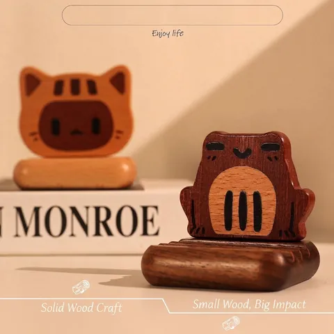 Supporto Creativo per Telefono in Legno a Forma di Rana e Gatto Decorazione da Scrivania Minimalista in Legno Massiccio