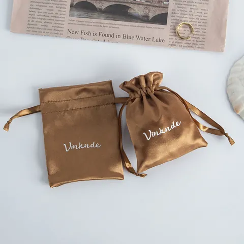 Small Satin Drawstring Bag Silk Texture Pouch Jewelry Gift Packaging Dustproof Coffee Color Storage Pouch Bag