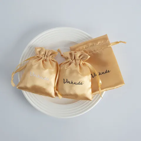 Gold Satin Drawstring Jewelry Pouch Smooth Silk Dustproof Gift Storage Bag For Jewelry Necklace Bracelet Earrings Packing