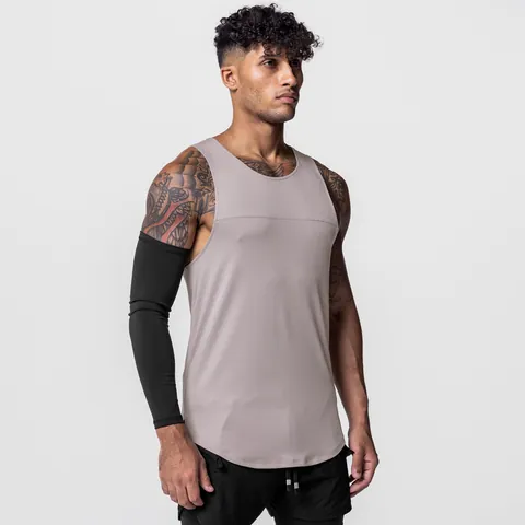 Men Sport Tank Top Quick Dry Breathable Spliced Sleeveless Shirt Curved Hem Loose Basketball Training Workout Gym Vest