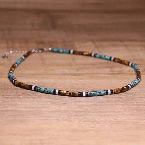 Collier en Pierre Naturelle Fait Main Pin Africain Oeil de Tigre Heishi Perles pour Femmes Ethnique Bohème Minimaliste Bijoux