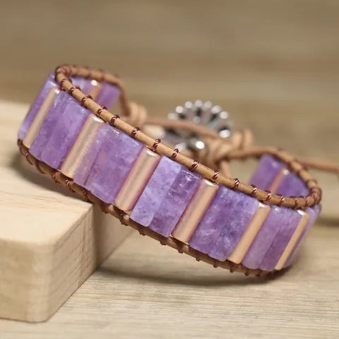 Bohemian Hand-Woven Natural Stone Alloy Cylinder Tube Adjustable Bracelet Vintage Leather Cord Wrap Jewelry Men Women Gift
