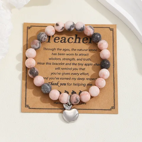 Natural Stone Agate Beaded Bracelet With Apple Heart Charm Teacher Appreciation Gift Card For Mom Daughter Women Jewelry