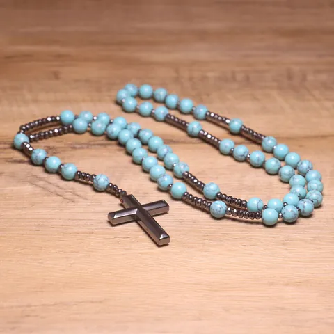 Handmade Natural Stone Beaded Necklace With Hematite Cross Pendant Agate Tiger Eye Rosary Prayer Jewelry For Men Women