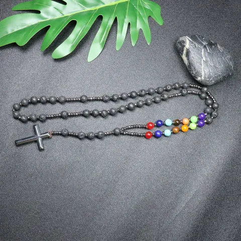 Handgemaakte Natuurlijke Lavasteen Chakra Kralen Kruis Hanger Halsketting Hematiet Rozenkrans Meditatie Gebedskralen Voor Vrouwen Mannen Religieus