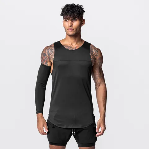 Men Sport Tank Top Quick Dry Breathable Spliced Sleeveless Shirt Curved Hem Loose Basketball Training Workout Gym Vest