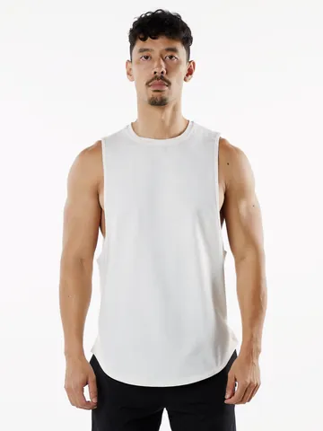 Men's Summer Solid Color Athletic Workout Tank Top Sleeveless Side Slit Curved Hem Cotton Breathable Fitness Basketball Gym Top