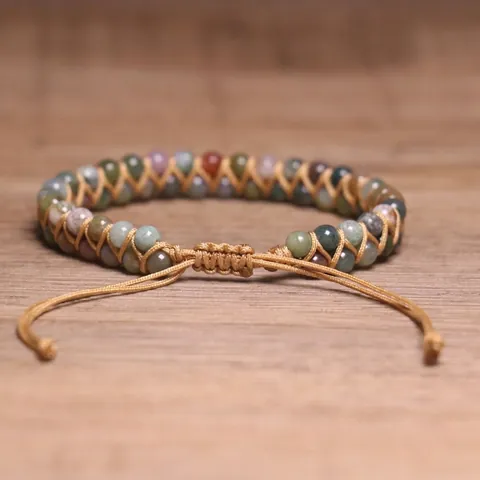 Handmade Double Layer Braided Natural Stone Beads Bracelet Indian Agate Yoga Adjustable Ethnic Unisex Jewelry Gift