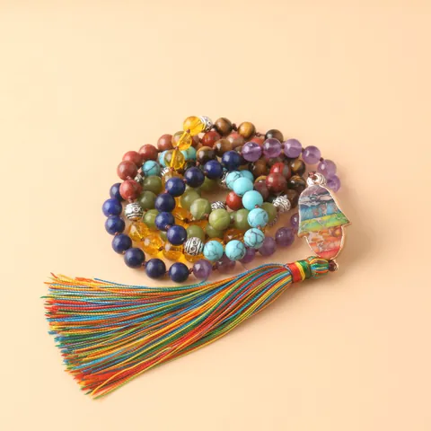 Collar de Cuentas Mala Bohemio Piedra Natural Colorida Colgante Mano de Fátima Collar Étnico Borla Larga Meditación para Hombre Mujer Joyería