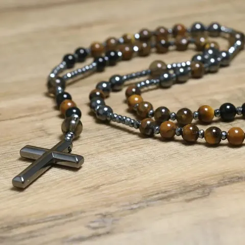 Natuursteen Tijgeroog Hematiet Kruis Hanger Ketting Heren Rozenkrans Kralenstreng Religieus Gebed Vintage Mode Sieraden Halssnoer