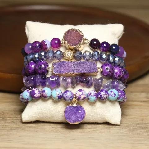 Bohemian Purple Amethyst Druzy Stacking Bracelets Natural Stone Agate Crystal Beaded Ethnic Vintage Jewelry For Women