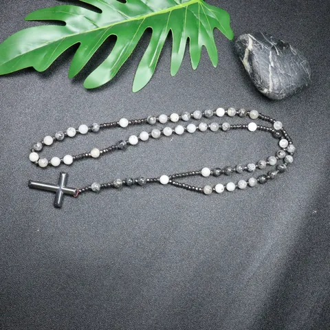 Collar con Colgante de Cruz de Cuarzo Rutilado Negro Natural Hematita Rosario Hecho a Mano Joyería de Cadena Larga para Hombre