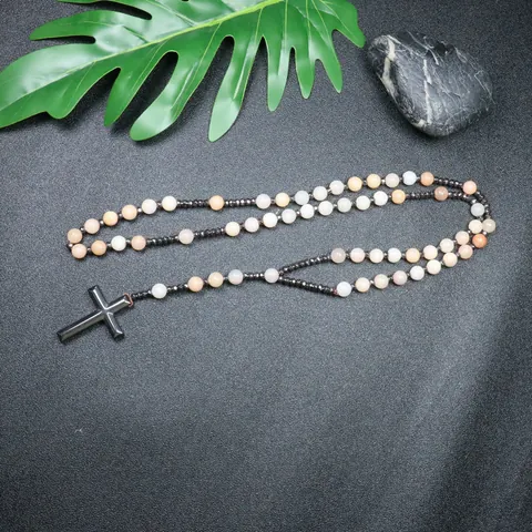 Handgemaakte Natuurlijke Roze Aventurijn Kralen Hematiet Kruis Hanger Rozenkrans Halsketting Voor Heren Dames Christelijke Sieraden