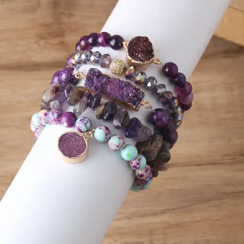 Bohemian Purple Amethyst Druzy Stacking Bracelets Natural Stone Agate Crystal Beaded Ethnic Vintage Jewelry For Women