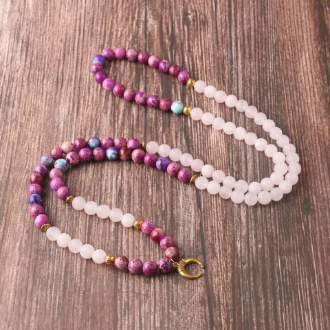 Collar de Cuentas de Mala de Cuarzo Rosa y Jaspe Imperial Con Colgante de Luna Vintage Joyería de Meditación Yoga Unisex