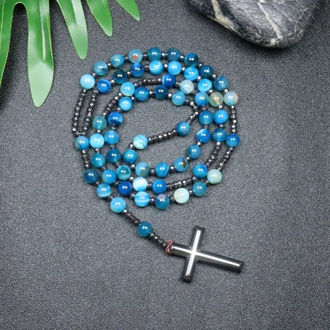 Handgemaakte Gestreepte Blauwe Agaat Hematiet Steen Kralen Kruis Hanger Rozenkrans Halsketting Voor Unisex Religieuze Sieraden