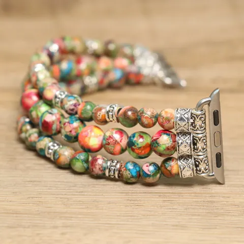 Handmade Beaded Smartwatch Band Natural Emperor Stone Multi-Strand Elastic Strap Boho Ethnic Style Fashion Jewelry Unisex Wristband