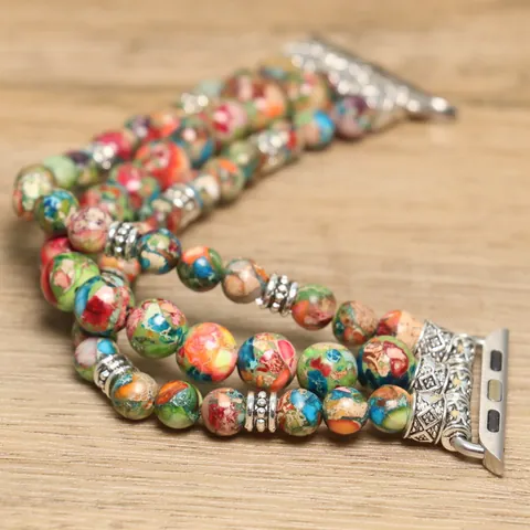 Handmade Beaded Smartwatch Band Natural Emperor Stone Multi-Strand Elastic Strap Boho Ethnic Style Fashion Jewelry Unisex Wristband