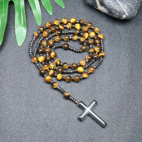 Men Natural Stone Tiger Eye Hematite Cross Pendant Rosary Necklace Handmade Beaded Religious Streetwear Jewelry For Unisex