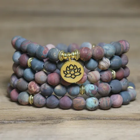 Collar de 108 Cuentas de Piedra de Picasso Natural para Mujer Hombre Colgante de Loto de Aleación Vintage Pulsera Multicapa Joyería Étnica