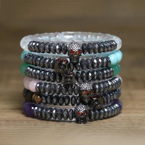 Gothic Skull Natural Stone Beaded Bracelet For Unisex Handmade Hematite Faceted Stone Rhinestone Punk Style Jewelry Bracelet