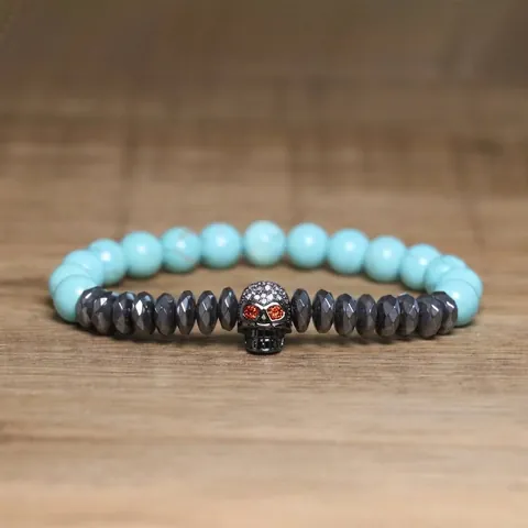 Gothic Skull Natural Stone Beaded Bracelet For Unisex Handmade Hematite Faceted Stone Rhinestone Punk Style Jewelry Bracelet