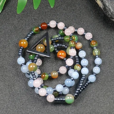 Natural Stone Rosary Necklace Rose Quartz Peacock Jasper Hematite Triangle Pendant Long Beaded Chain Unisex bohemian Jewelry